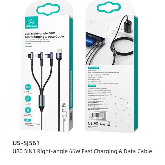 Other - USAMS Fast Charging Cable US-SJ561 U80 3IN1 Right-angle 66W 1.2m